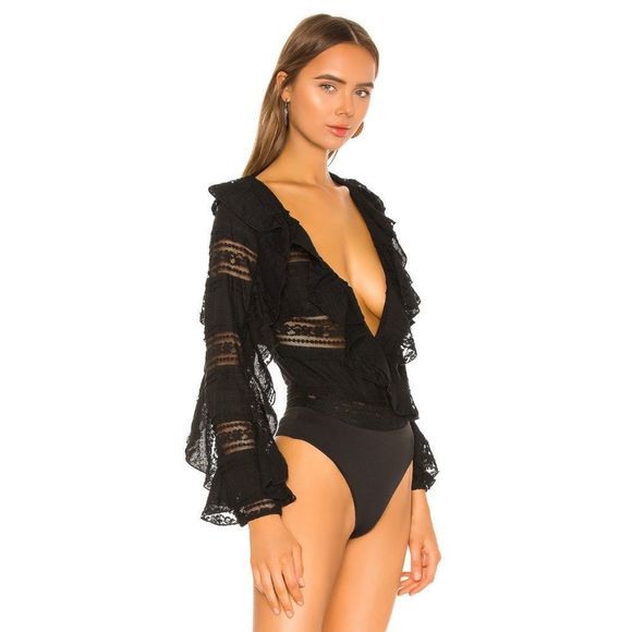 Tularosa Flora Lace Ruffled Bodysuit Black Size Large - Picture 3 of 12